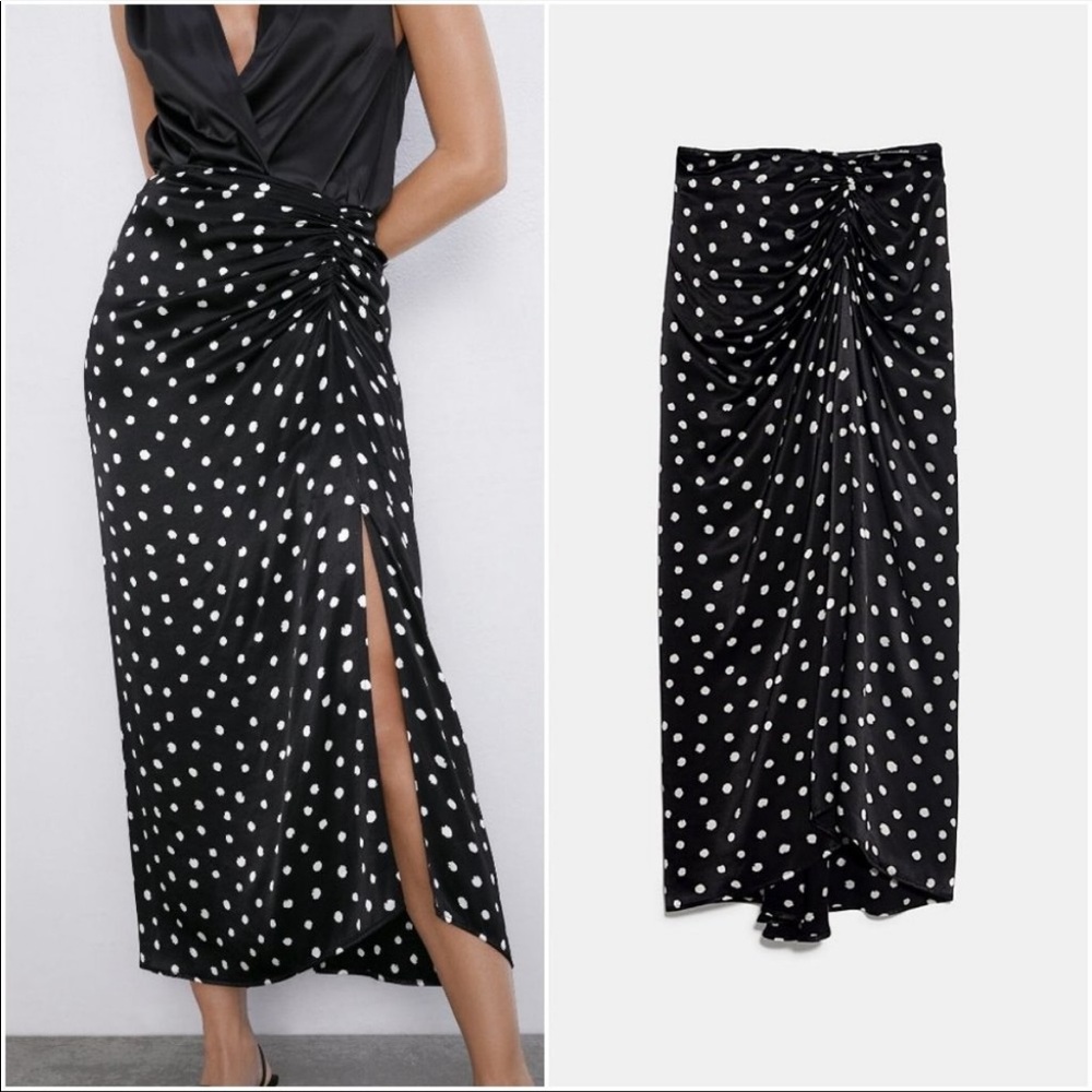 Zara black satin polka dot midi skirt - Picture 2 of 9